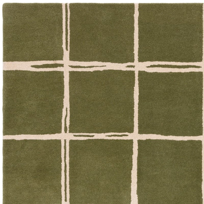 Albany Grid Modern Geometric Wool Rugs in Olive Green