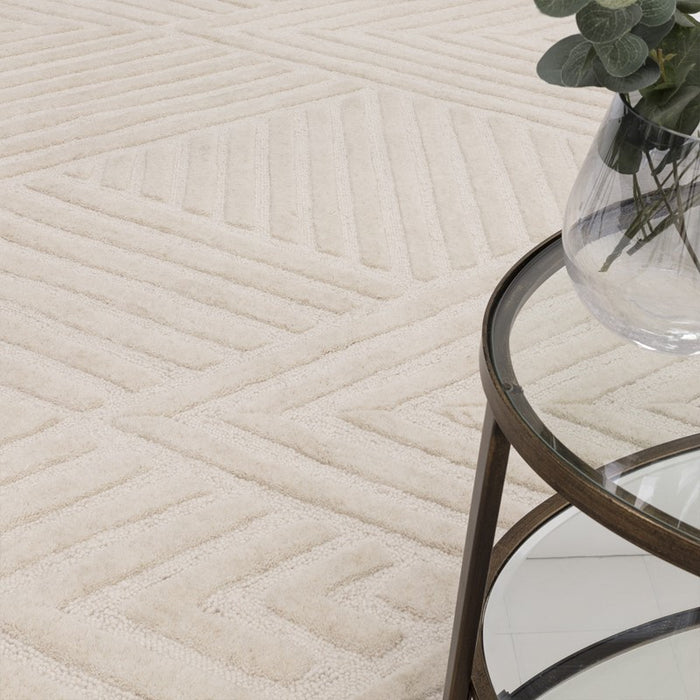 Hague Geometric Textured Wool Rugs in Ivory White