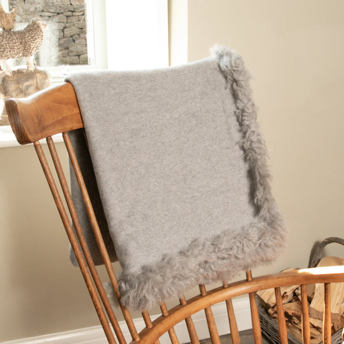 Woven Grey Wool Blanket Sheepskin Trim