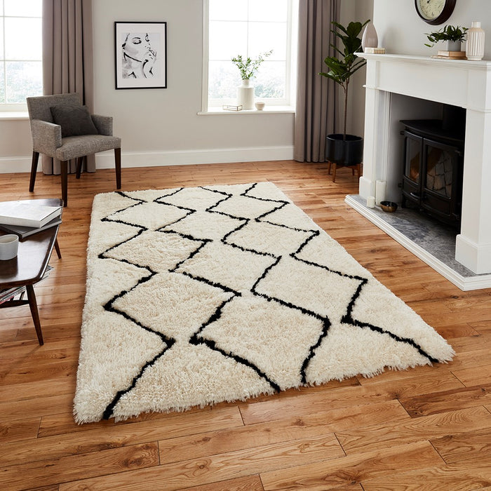 Morocco 3742 Boho Shaggy Rugs in Ivory Black