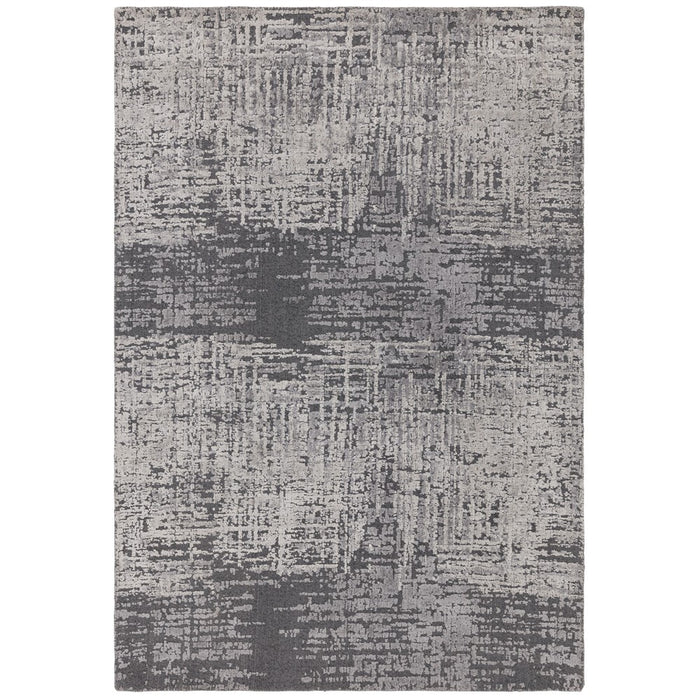 Torino Abstract Distressed Textured Wool Rugs in Charcoal Grey